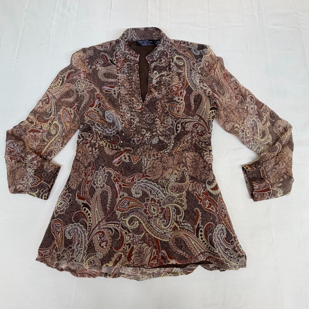 Whimsi Y2k New 100% Silk Paisley Beaded Blouse Size M Boho Festival